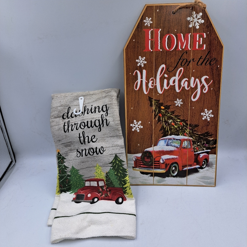 Rustic Holiday Red Truck & Snow Sign & Farmhouse Towel Set with Red Truck Design